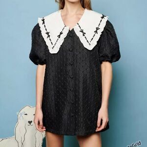 Sister Jane Black and White Bonnie Bow Collar Mini Dress XS Women